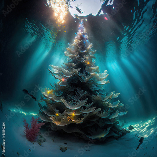 A large underwater Christmas tree made of coral and seaweed. Creative dark ocean New Year concept. Neon cyber lights. Unreal landscape. Generative AI.