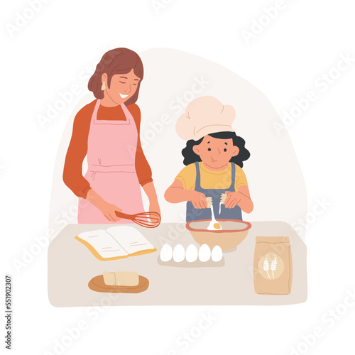 Breaking eggs isolated cartoon vector illustration. Preparing food in the kitchen, kid breaking an egg in a bowl, teach children cooking, family baking together, making a cake vector cartoon.