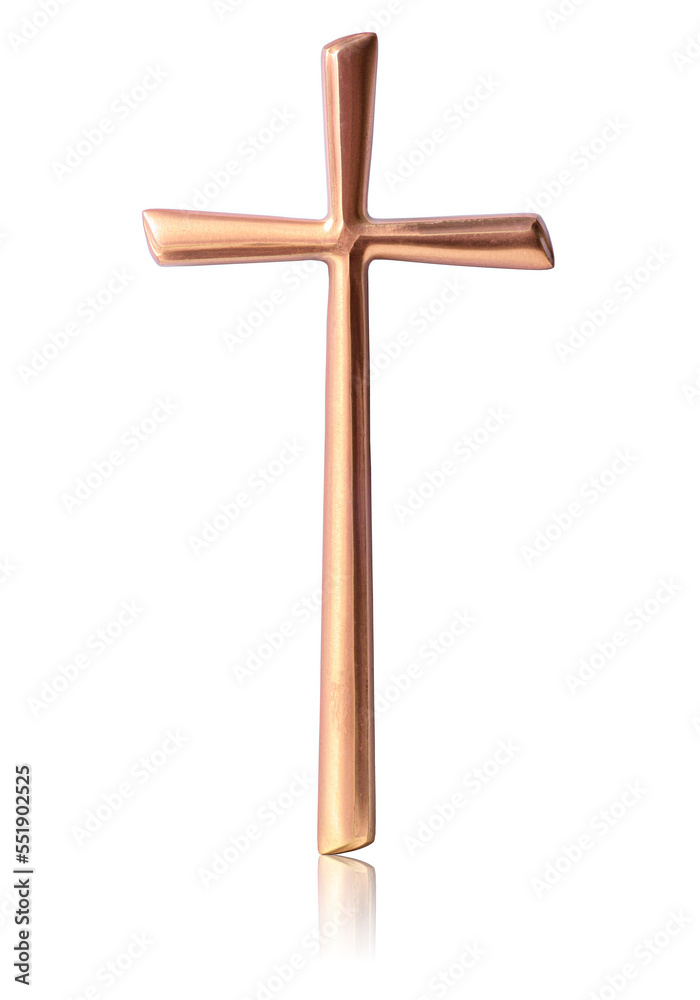 Religious Cross on white background. Symbol of Christianity, golden cross, crucifix. Golden Christian cross. Christian cross, a symbol of the Christian faith on a white background. 