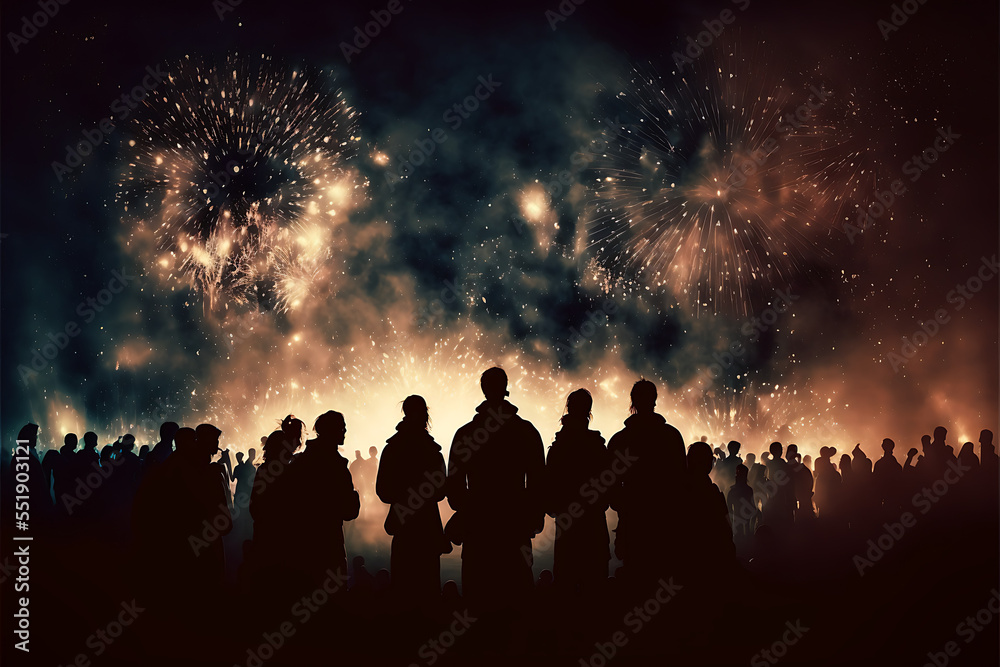 Crowd of Silhouetted People Watching a Fireworks Display for New Year Crowd of Silhouetted People Watching a Fireworks Display for New Year