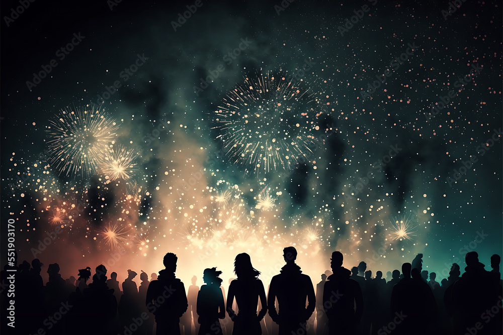 Crowd of Silhouetted People Watching a Fireworks Display for New Year 