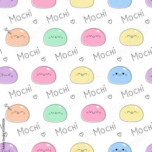 Seamless pattern with cute Mochi characters vector illustration isolated on white background. Rice cakes of different emotions and colors. Doodle kawaii style