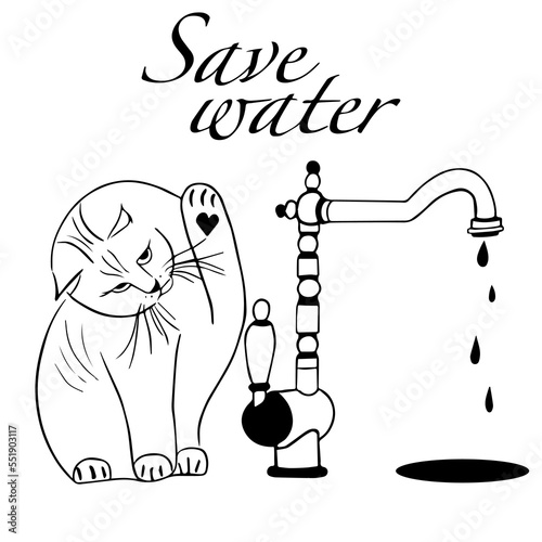 The concept is save water resources. The cat closes the tap with running water with its paw. Dripping water. Illustration of dripping water tap in the style of doodles in vector