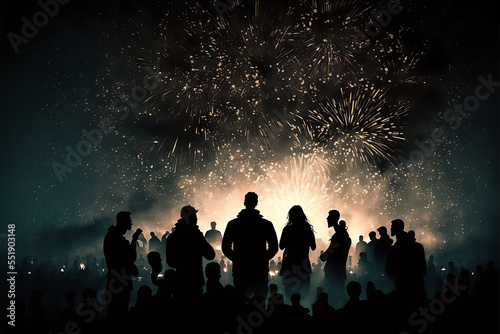 Crowd of Silhouetted People Watching a Fireworks Display for New Year 