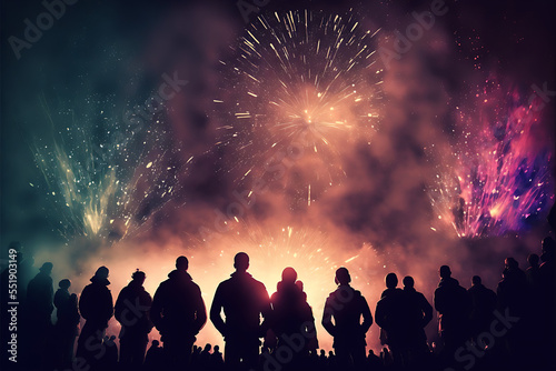Crowd of Silhouetted People Watching a Fireworks Display for New Year  © Multiverso Design