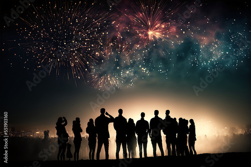 Crowd of Silhouetted People Watching a Fireworks Display for New Year 