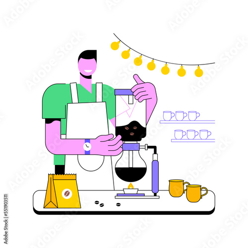 Siphon coffee maker isolated cartoon vector illustrations. Barista makes hot coffee using siphon device, brewing process, cafe owner, small business, third wave, specialty vector cartoon.