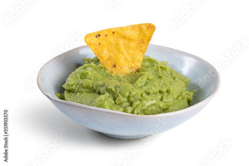 bowl with guacamole and nachos isolated on the white background