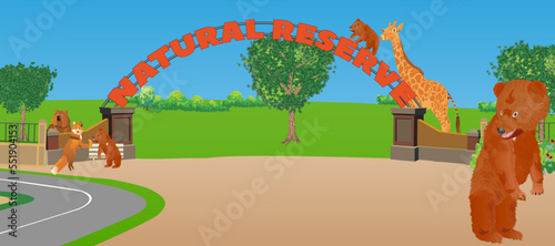 Animals at the natural reserve entrance. Little bears playing, fox, giraffe and mother bear supervising it. Vector illustration