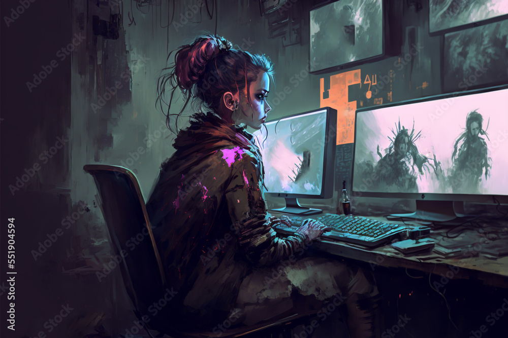 illustration futuristic theme of hacker, gamer, or just teenager using computer