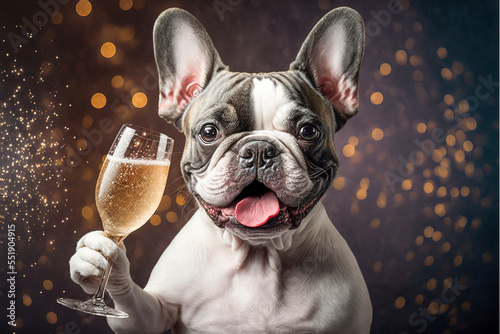 French Bulldog drinking champagne on New Year's Eve party. Generative AI. Generative AI. photo