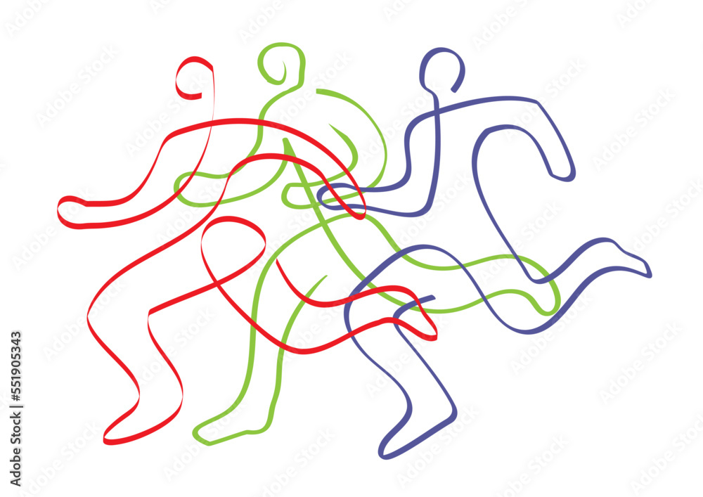 Running race, marathon, jogging, line art stylized.
Stylized illustration of three running racers. Continuous line drawing design.Isolated on white background. Vector available. Running race, marathon, jogging, line art stylized.
Stylized illustration of three running racers. Continuous line drawing design.Isolated on white background. Vector available.