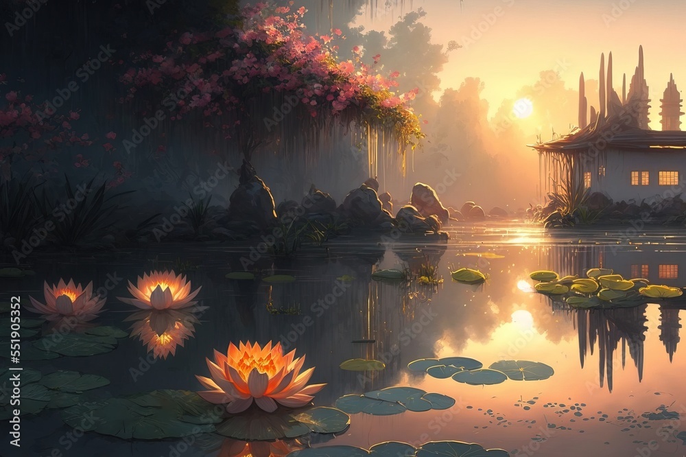 lotus flowers in lotus pond with sunrise. digital art style ...