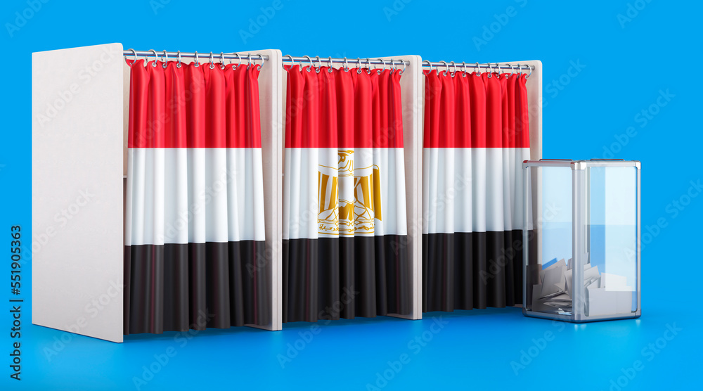 Voting booths with Egyptian flag and ballot box. Election in Egypt, concept. 3D rendering Voting booths with Egyptian flag and ballot box. Election in Egypt, concept. 3D rendering