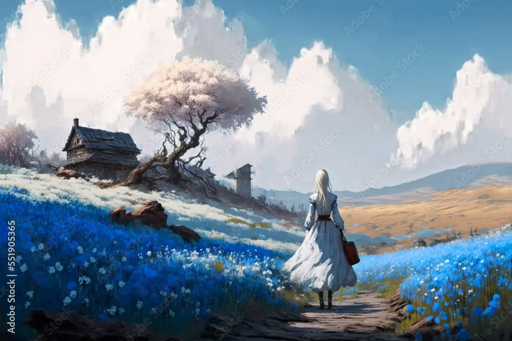 anime paint style illustration, a woman walking on the road with blue flower field or flax flower field blossoming  along the way