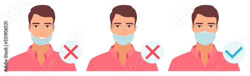 Correct and incorrect wearing of medical mask by man set vector illustration. Cartoon isolated people use protective mask in wrong way without nose and mouth cover, information about safety method