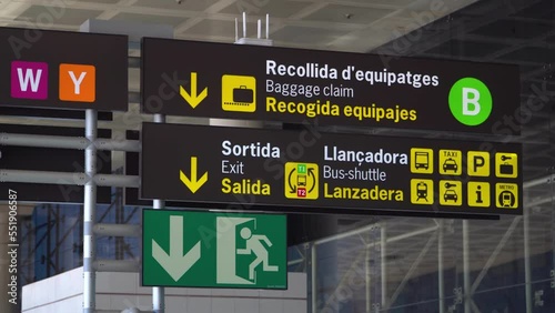 Baggage Claim, Immigration and Gates sign in airport. Spanish symbols.