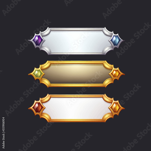 Silver, bronze and golden vintage game frames, ui medieval borders of gold or steel metal with gems. A beautiful fantastic children's play template isolated on background. Vector illustration