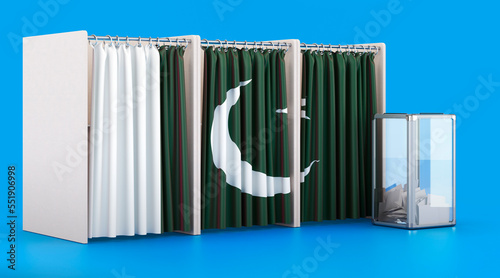 Voting booths with Pakistani flag and ballot box. Election in Pakistan, concept. 3D rendering