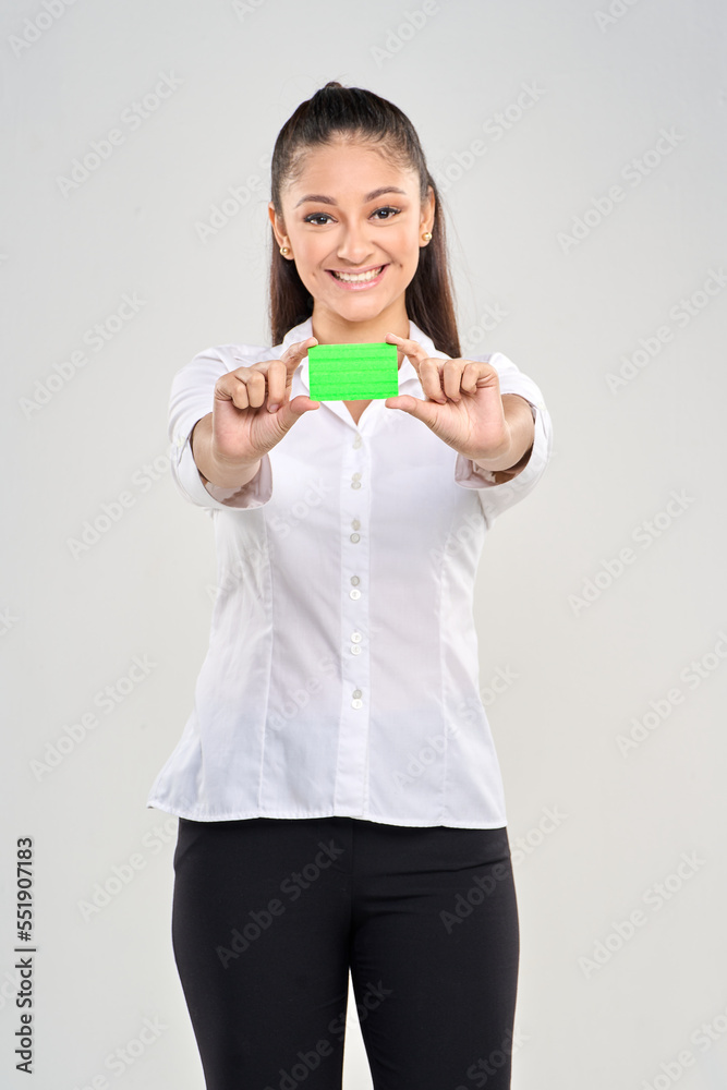 Teen girl executive business holding card sales customer service Teen girl executive business holding card sales customer service