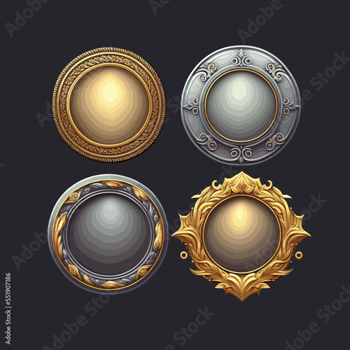 Ui game frames for avatar, gold and silver round borders with ornate rims and name plaques. A beautiful fantastic children's play template isolated on background. Vector illustration