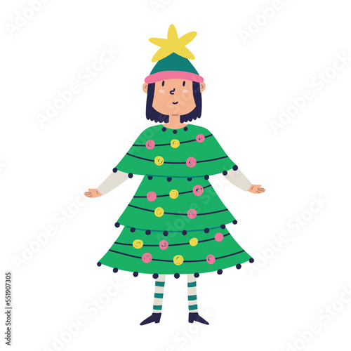 Girl in ugly Christmas tree dress. Vector clipart on isolated background