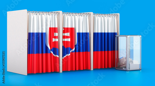 Voting booths with Slovak flag and ballot box. Election in Slovakia, concept. 3D rendering photo