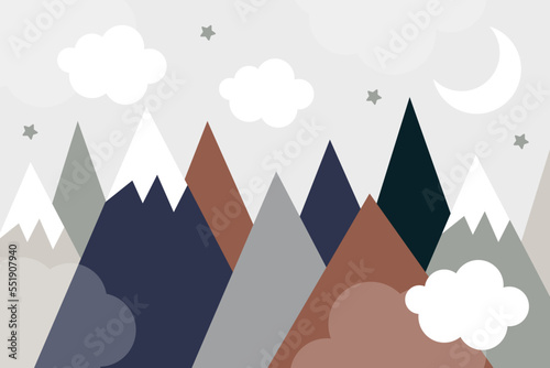 Cute mountains, moon and clouds in pastel colors. For baby wallpapers, decor, web banners, posters. Vector illustration. Children's wallpaper. Hand drawn in scandinavian style. Mountain landscape.
