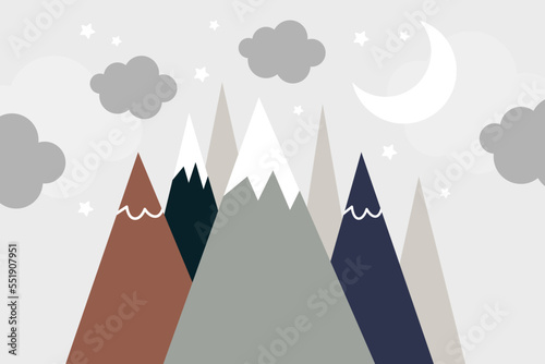 Vector hand drawn modern mountain landscape with stars  clouds and moon. Cute children s 3d wallpaper in scandinavian style. Children s room design.  