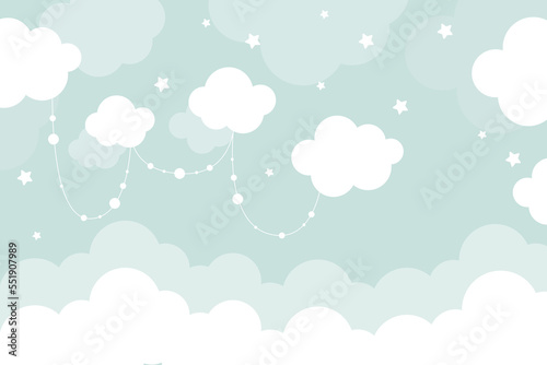 Vector hand drawn childish 3d wallpaper with clouds. Aerial white clouds, stars and dots . Lovely wallpaper for the kids room. 