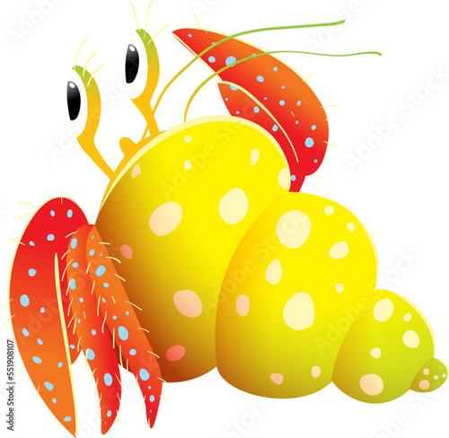 Hilarious Hermit Crab Hand Drawn Illustration for Children. Underwater crustacean character, colorful drawing of marine shellfish. Adorable hermit crab vector isolated clipart cartoon.