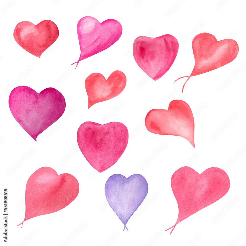 Watercolor Valentine's day elements set. Hand drawn cute romantic hearts isolated on white background. Design idea for postcard, poster, scrapbooking, invitations, background, prints, banner.