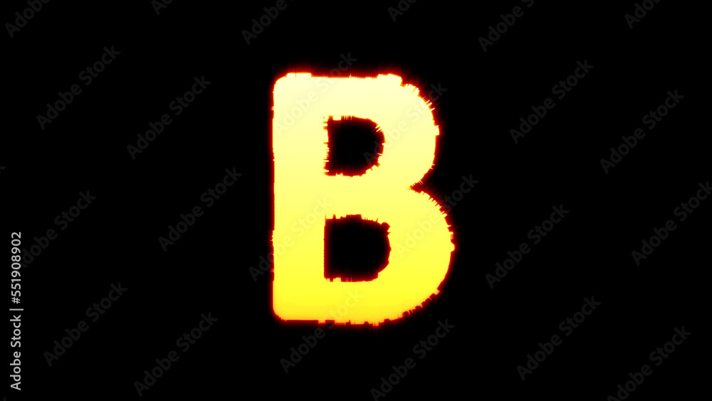letter B - festive yellow blazing distorted font on black, isolated - object 3D illustration
