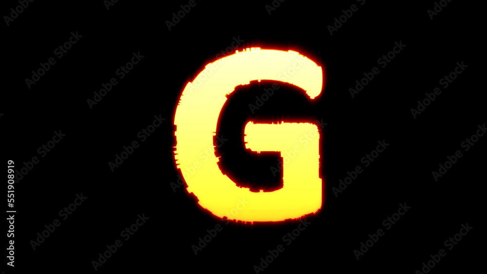 Obraz premium letter G - festive yellow burning glitchy alphabet on black, isolated - object 3D rendering