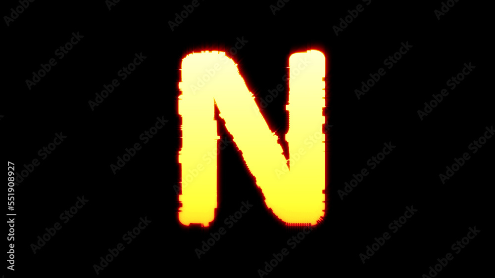 letter N - festive yellow blazing glitchy font on black, isolated - object 3D illustration letter N - festive yellow blazing glitchy font on black, isolated - object 3D illustration