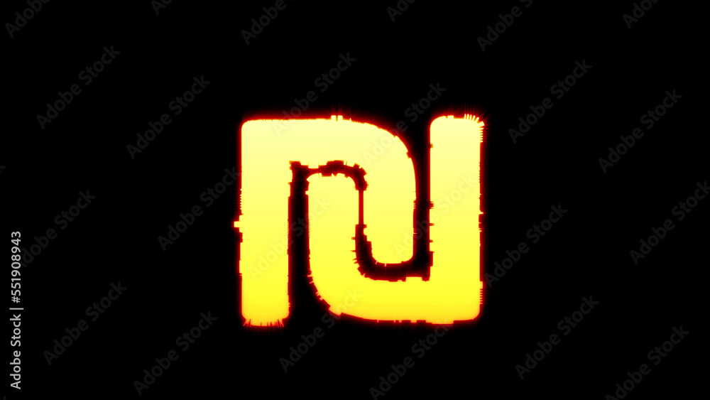 shekel sign - colorful vivid yellow burning distortion font on black, isolated - object 3D rendering