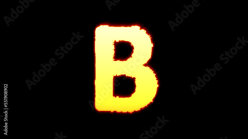 letter B - festive yellow blazing distorted font on black, isolated - object 3D illustration