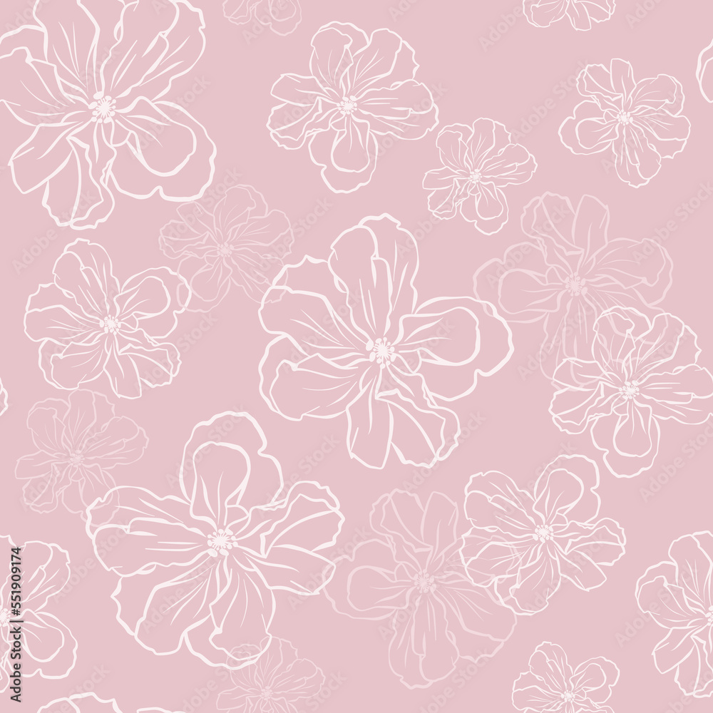 White contoured hibiscus flowers on a pink background. Floral texture. Great for printing, textiles, wrapping paper. Vector illustration. Seamless pattern.