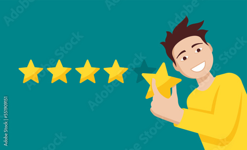 Smiling person holding fifth rating star