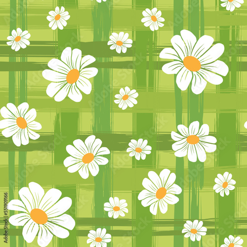 Spring pattern of chamomile flowers of different sizes on a green checkered background. Vector seamless pattern.
