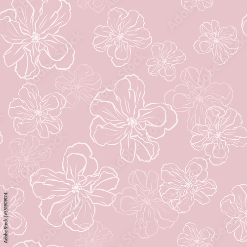 White contoured hibiscus flowers on a pink background. Floral texture. Great for printing, textiles, wrapping paper. Vector illustration. Seamless pattern.