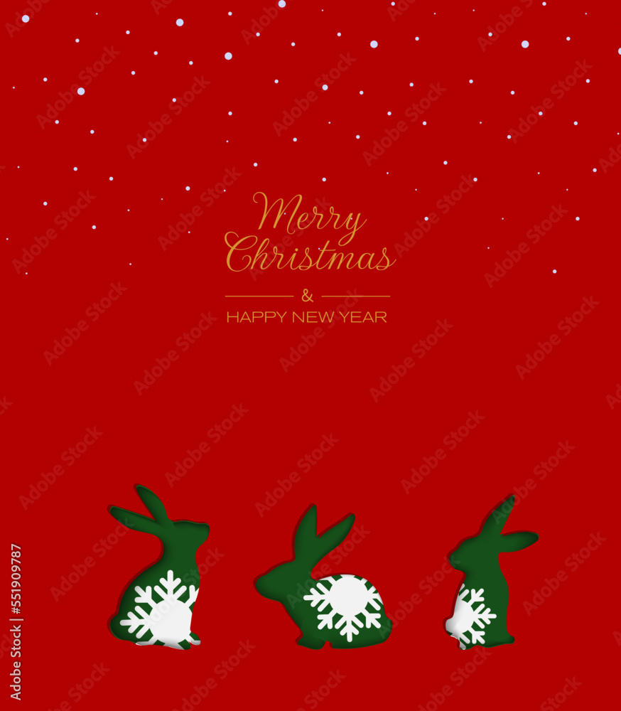 Christmas greeting card with rabbit in digital craft style. Green rabbbit on a red background with snow. Christmas greeting card with rabbit in digital craft style. Green rabbbit on a red background with snow.