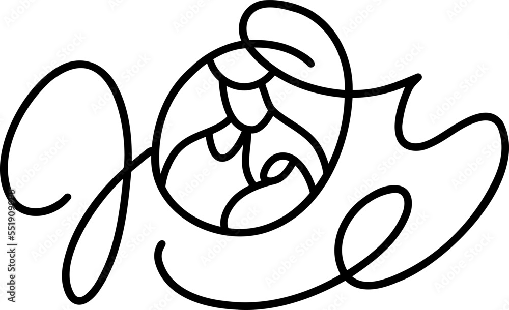 Joy monoline calligraphy text and Christmas Vector religious Scene Nativity of baby Jesus with Joseph and Mary. Minimalist art line drawing, print for clothes and logo design Joy monoline calligraphy text and Christmas Vector religious Scene Nativity of baby Jesus with Joseph and Mary. Minimalist art line drawing, print for clothes and logo design
