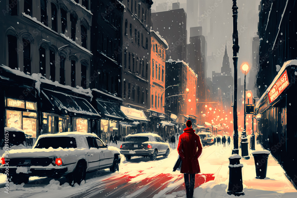 Christmas time. Magical winter art landscape of a busy street. Merry Christmas. Generative AI.
