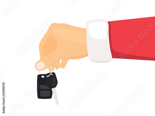 Santa Claus hand holding key car, concept of new car as a christmas present - vector illustration