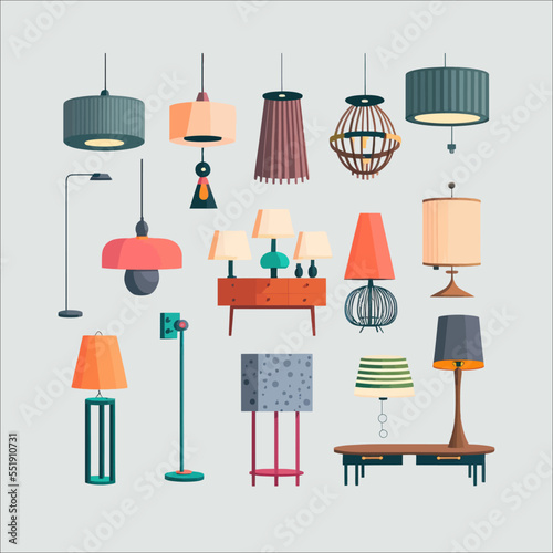 Electric table, floor lamps, lampshades, ceiling chandeliers. Flat cartoon illustration isolated on white background