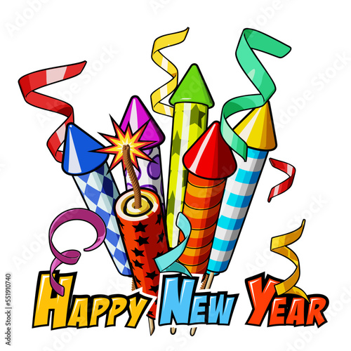 Happy New Year text, firework rockets and falling confetti on a white background. Design template for greeting card or web banner. Vector illustration in comic cartoon style