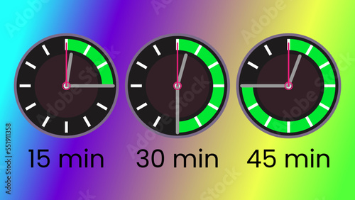 Set of timers 15, 30 and 45 min, analogue clock style