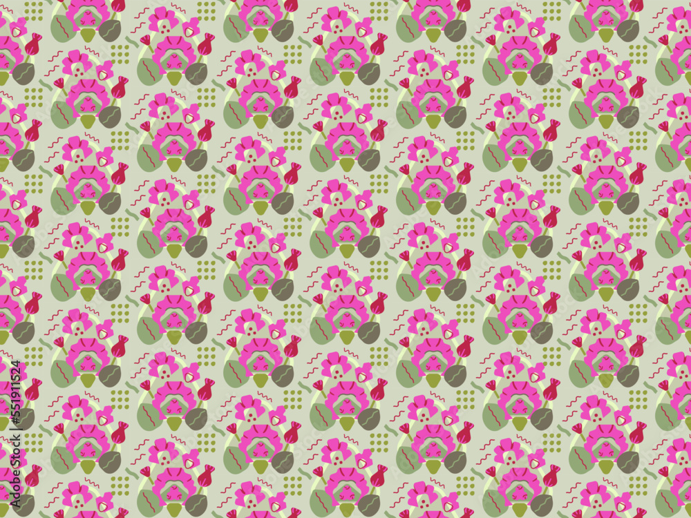 Seamless vector pattern with pink and magenta flowers on green