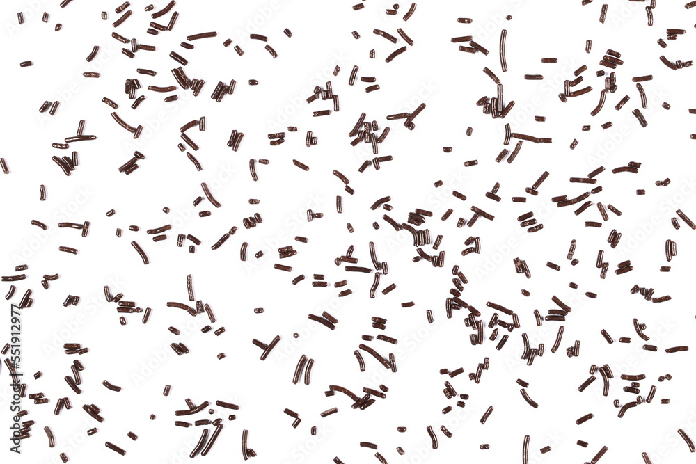 Chocolate sprinkles texture, granules isolated on white, top view Chocolate sprinkles texture, granules isolated on white, top view